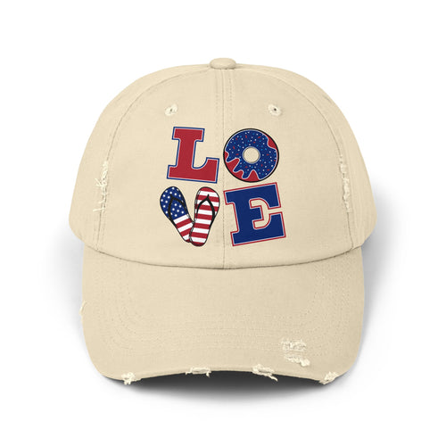 Distressed Black Cap – LOVE Patriotic Donut & Flag Design